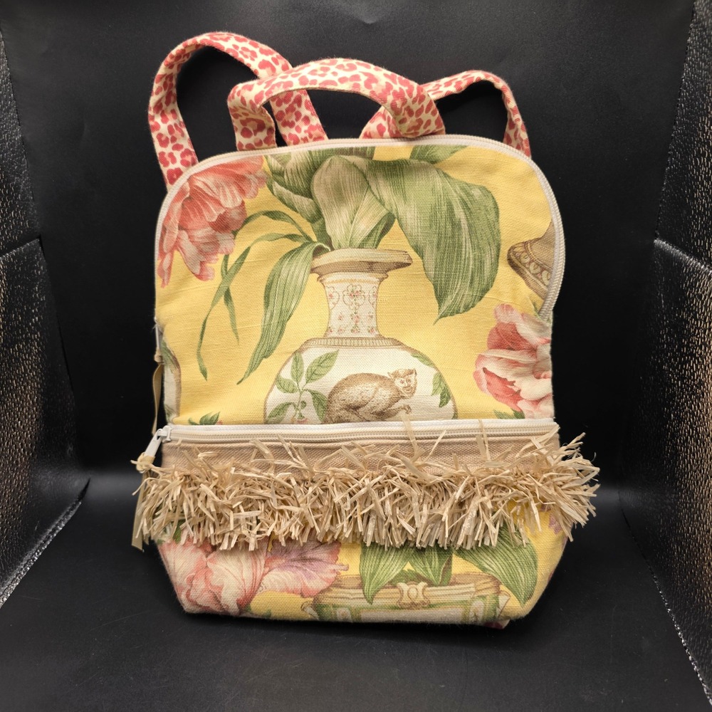 In the Bag - JB Designs Safari Tropical Floral Raffia Fringe Backpack Yellow USA